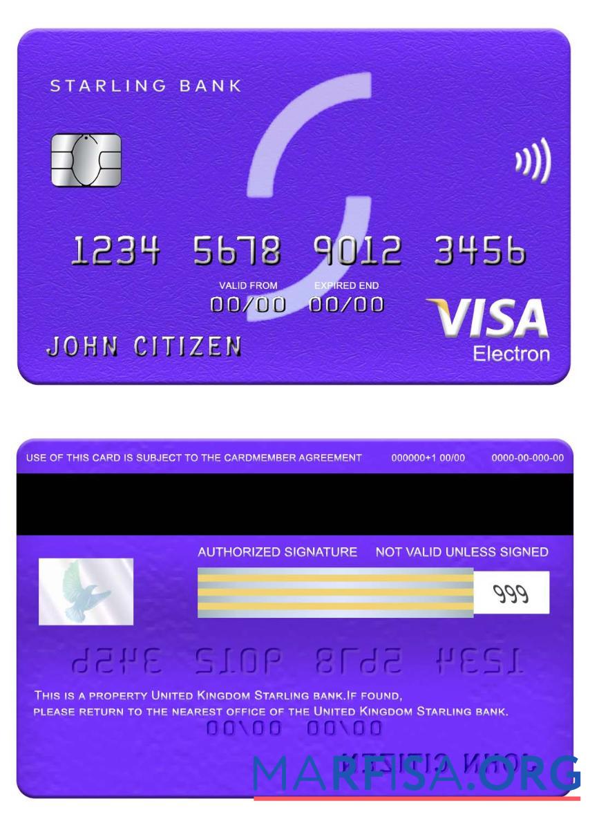 Realistic United Kingdom Starling bank visa electron card example